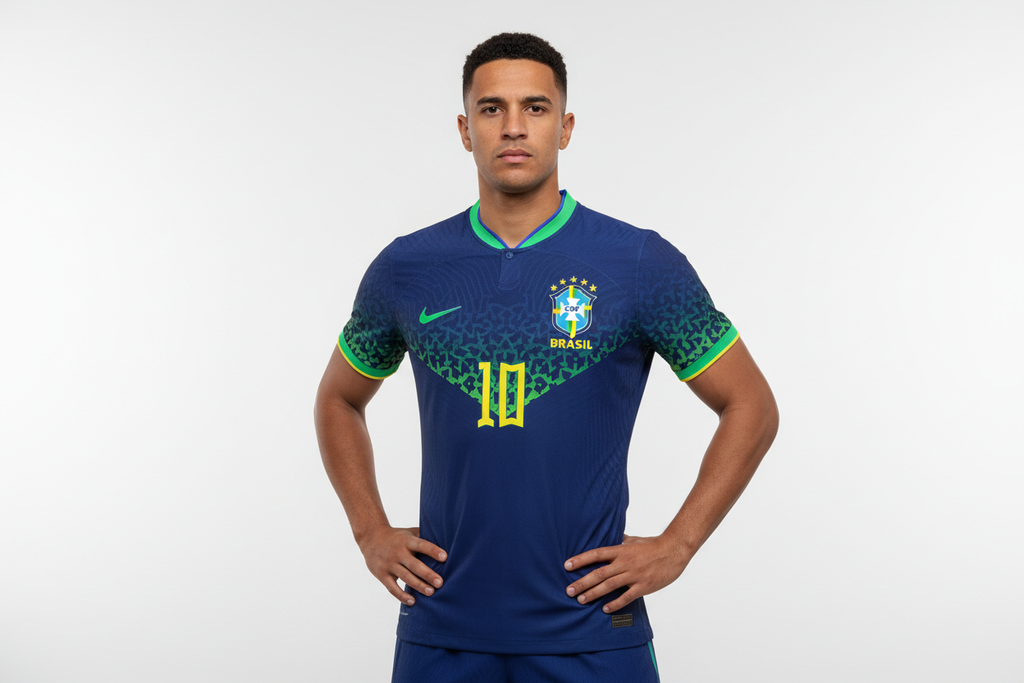 Male model wearing Brazil 2026 World Cup away jersey