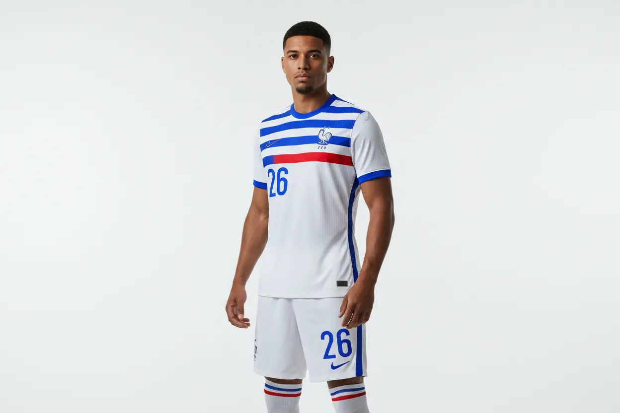 Male model wearing France 2026 World Cup away jersey