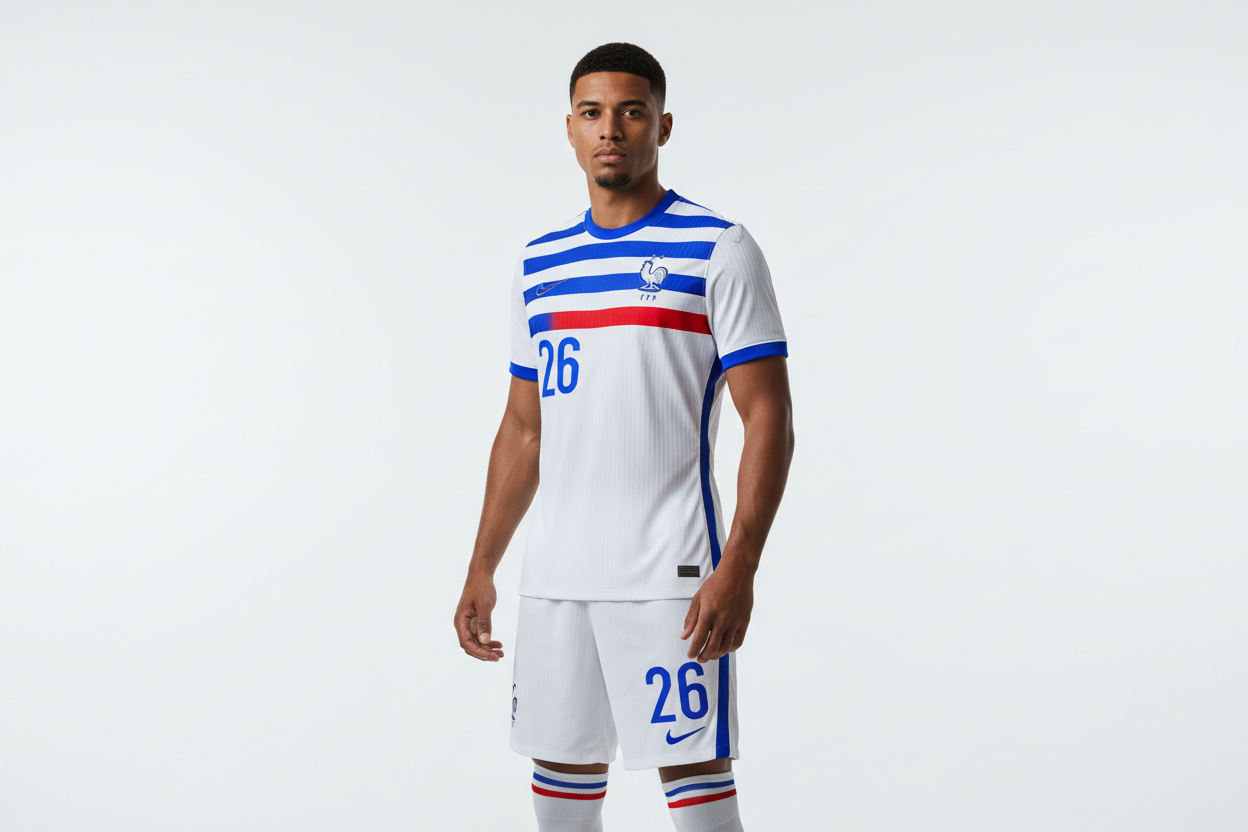 Male model wearing France 2026 World Cup away jersey